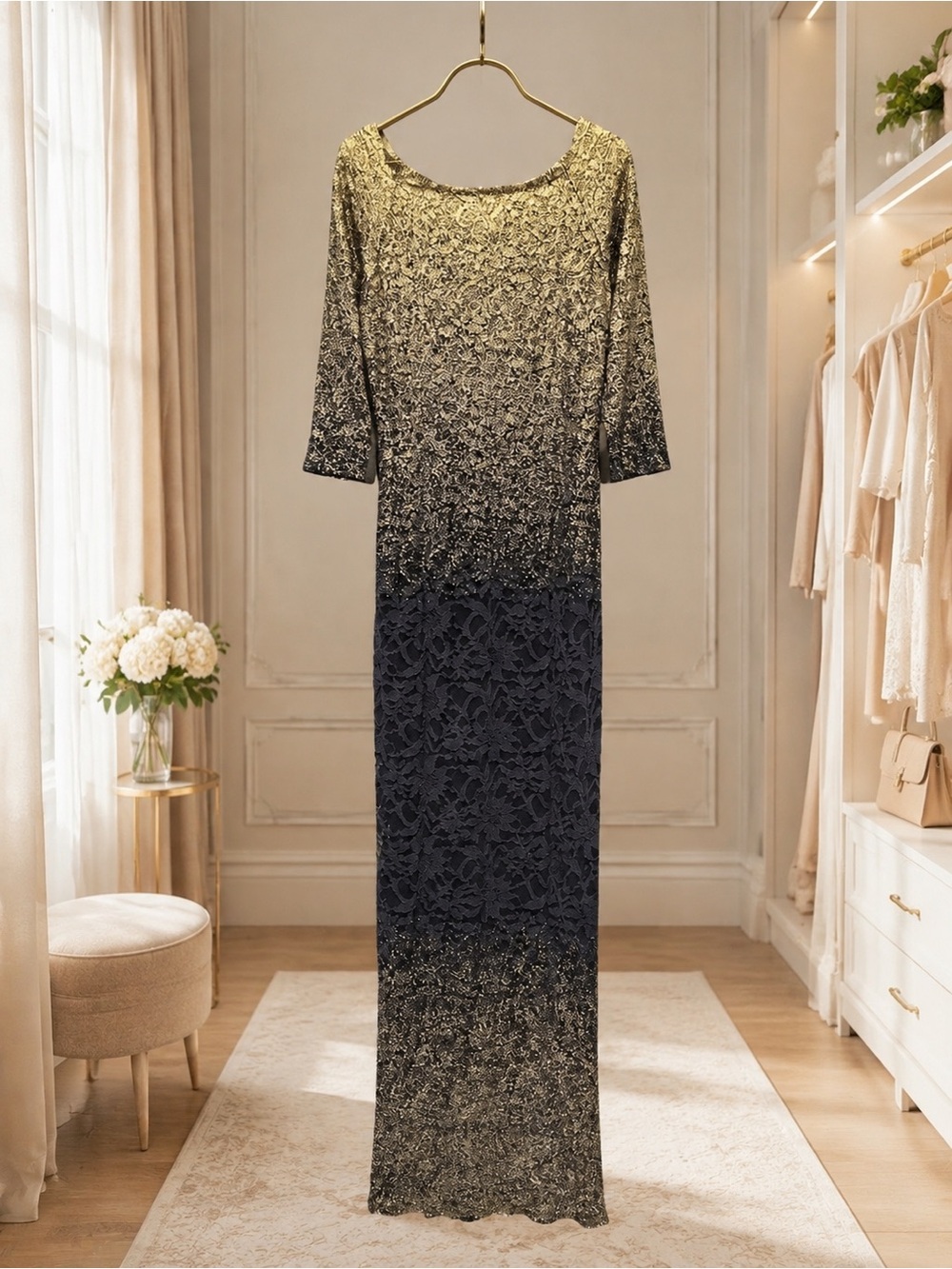 Elegant Black and Gold Lace Evening Dress